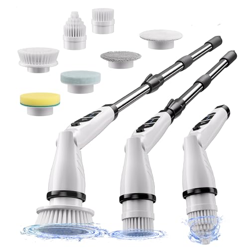 JOYMOOP Electric Spin Scrubber, Cordless Cleaning Brush 450 RPM with 100-Min Runtime, IPX7 Waterproof Power Scrubber with 8 Brush Heads, Adjustable Long Handle for Bathroom, Floor, Tile, Kitchen - color: White&black, size: 8 replacement Heads