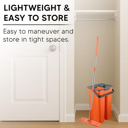 Macromax Flat Mop and Bucket Set with 9 Refills – 100% Microfiber Mop with Dual Wet & Dry Use – Slim Design for Corners & Under Furniture – Easy-Squeeze Bucket for Hardwood, Tile & Laminate Floors - style: Flat Mop set + 9 Refill