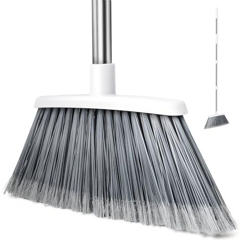 Broom, Outdoor Brooms for Sweeping Indoor, Adjustable 55" Pet Hair Removal Heavy Duty Broom for Floors Home Kitchen Garage Commercial Patio Industrial Snow (White) - color: White