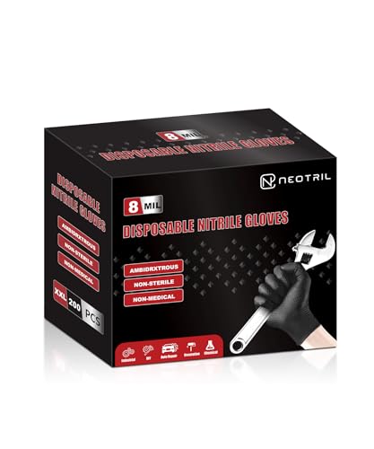 NEOTRIL 8 Mil Heavy Duty Disposable Nitrile Gloves with Diamond Texture Grip Rubber Gloves Latex & Powder Free - color: Box of 200 / Black, size: Medium