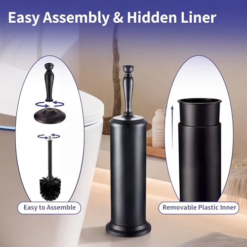 ROLABAM Heavy-Duty Toilet Brush and Holder Set, Premium Rustproof Metal Freestanding Toilet Bowl Brush, Deep-Cleaning Tool with Long Handle and Splash Guard for the Bathroom, Space-Saving - color: Black-1
