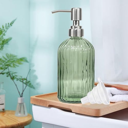 14Oz Green Soap Dispenser Bathroom, Clear Glass Hand Soap Dispensers with Stainless Steel Pump, Refillable Dish Soap Dispenser with Funnel for Kitchen, Countertop Soap Dispensers - color: Green