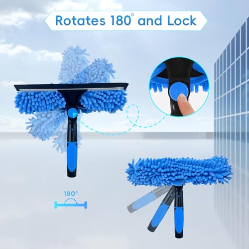 14FT Window Washing Squeegee & Duster with 1-14 ft Spliceable Extension Pole, 2 in 1 Telescopic Window Cleaner Rotatable Window Washing Equipment for High Window, Interior Roof, Car Glass
