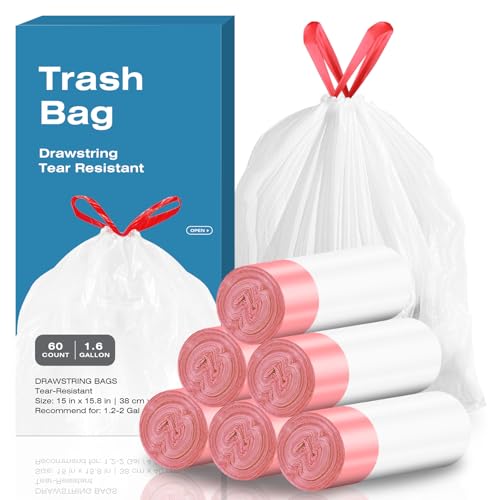 KUK 1.6 Gallon Drawstring Trash Bags - 60 Count White Small Garbage Bags, Unscented Strong Plastic Waste Basket Liners for Home/Office/Car, Fits 4.5-8 Liter Bins, 6 Rolls with Tear-Free Design - size: 1 Count (Pack of 60)