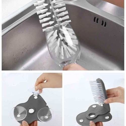 Bar Glass Washer Glass Cleaning Brush with Suction Base 360-Degree Triple Head Design Bottle and Cup Scrubber for Kitchen Sink (Light Gray)