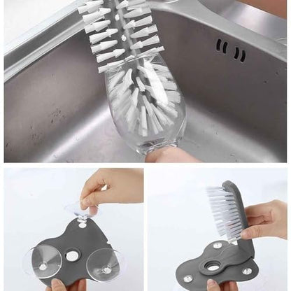 Bar Glass Washer Glass Cleaning Brush with Suction Base 360-Degree Triple Head Design Bottle and Cup Scrubber for Kitchen Sink (Light Gray)