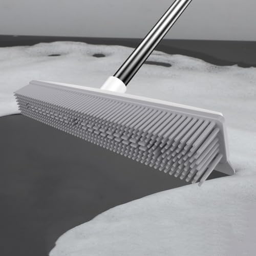 Rubber Cleaning Broom for Pet Hair Removal On Carpet Hardwood Floor, Silicone Squeegee Brush with Long Handle for Efficient Sweeping of Dog Cat, 30cm Wide Head