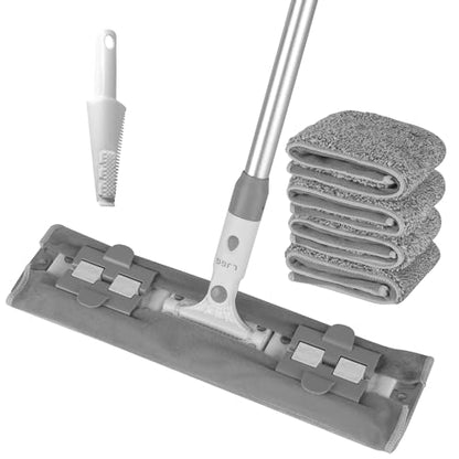 Flat Microfiber Mop for Floor Cleaning, 15.7 in (40 cm) Aluminum Base, 4-Section Aluminum Handle 52 in, Dry & Wet Use, 4 Washable Pads, Debris Scraper – LJGG (Gray/White) - size: 15.7" Flat Microfiber Mop