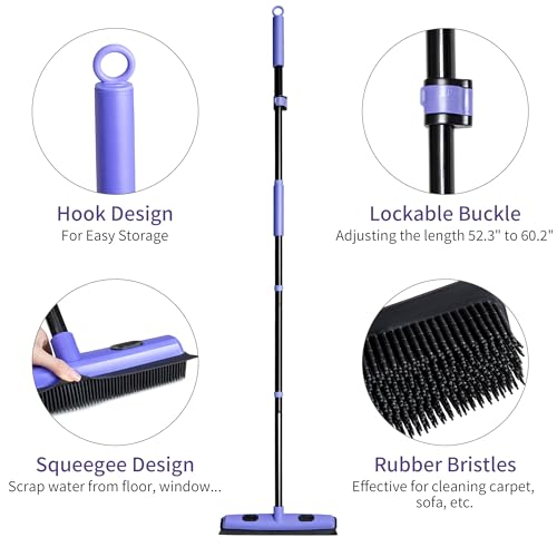 Carpet Brush for Pet Hair Remover, Rubber Broom for Pet Hair on Carpet with Telescoping 60.2 Inches Long Handle for Cleaning Fur Rug, Hardwood Floor, Tile, Window