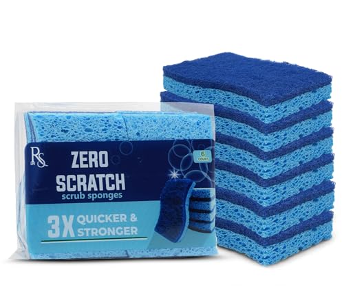 Blue Scrub Sponges Pack of 6 – Dual-Sided Kitchen Sponges for Cleaning – Non Scratch for Dishes, Bathroom, Surfaces – Durable Dishwashing Sponge