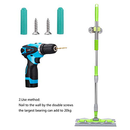 Stainless Steel Mop and Broom Holder, Dual-Purpose Wall Mounted Mop Broom Organizer with 2 Pcs 3M Self Adhesive and Double Screws,Bathroom Kitchen Organizer Rack with Spring Clip Design