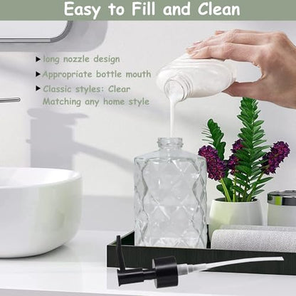 Crystal Clear Glass Soap Dispenser with Black Pump, 2 Pack 12oz Diamond Hand Dispenser, Refillable Lotion Dispenser & Dish Soap Dispenser, Bathroom Soap Dispenser for Liquid, Shower Gel - color: Transparent