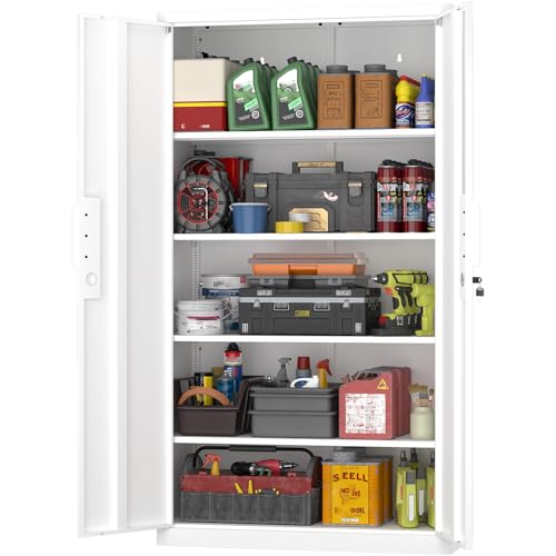 GREATMEET Metal Garage Storage Cabinets, 71" Tall Locking Metal Cabinets with Doors and Shelves, Utility Cabinet with Lock for Garage, Home, White - color: White, size: 71"H x 32"W x 17"D