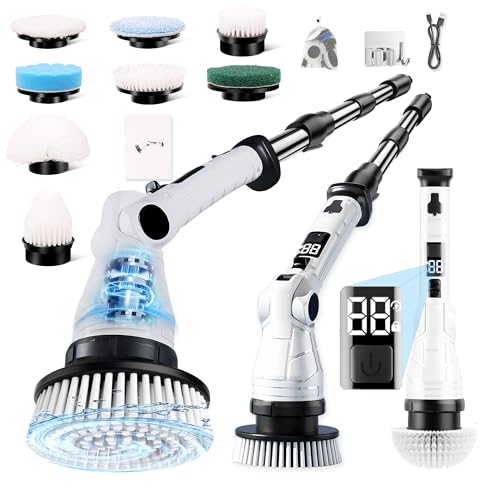 Cordless Electric Spin Scrubber, IPX7 Waterproof with 8 Replaceable Brush Heads, 3 Speeds & 6 Adjustable Angles, Extension Handle and LCD Display, for Bathroom, Bathtub, Kitchen & Wall Cleaning