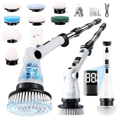 Cordless Electric Spin Scrubber, IPX7 Waterproof with 8 Replaceable Brush Heads, 3 Speeds & 6 Adjustable Angles, Extension Handle and LCD Display, for Bathroom, Bathtub, Kitchen & Wall Cleaning