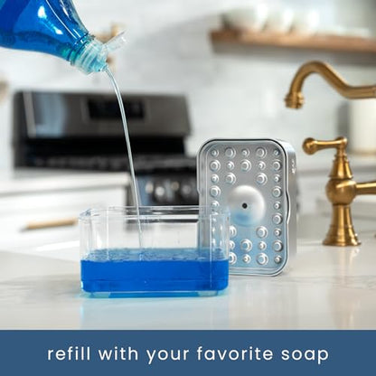 S&T INC. Dish Soap Dispenser and Sponge Holder for Kitchen Sink with Enhanced Features, Sponge Included, 13 Ounces, Silver - color: Silver