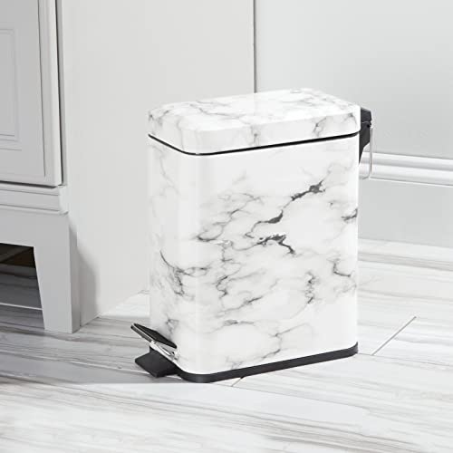 mDesign Small Modern 1.3 Gallon Rectangle Metal Lidded Step Trash Can, Compact Garbage Bin with Removable Liner Bucket and Handle for Bathroom, Kitchen, Craft Room, Office, Garage - White Marble - color: White Marble, size: 1.3 Gallon