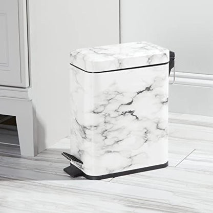 mDesign Small Modern 1.3 Gallon Rectangle Metal Lidded Step Trash Can, Compact Garbage Bin with Removable Liner Bucket and Handle for Bathroom, Kitchen, Craft Room, Office, Garage - White Marble - color: White Marble, size: 1.3 Gallon