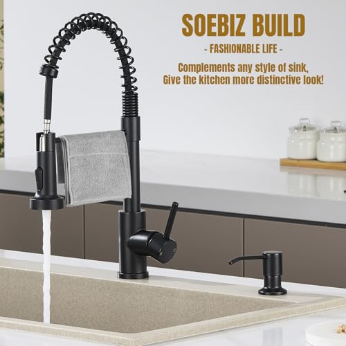 Built in Soap Dispenser for Kitchen Sink Countertop, Matte Black Stainless Steel Soap Dispenser Pump Head Refill from the Top with 11 Ounce Transparent Soap Bottle - color: Black