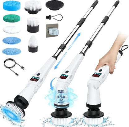 Electric Spin Scrubber, Shower Scrubber with Long Handle, Rechargeable Cordless Power Scrubber, Retractable & Adjustable Angle Spin Brush for Cleaning Bathroom/Tub/Floor/Tile (Black-White+Beige)