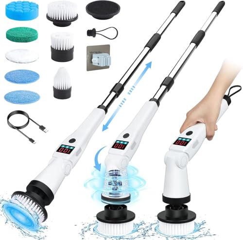 Electric Spin Scrubber, Shower Scrubber with Long Handle, Rechargeable Cordless Power Scrubber, Retractable & Adjustable Angle Spin Brush for Cleaning Bathroom/Tub/Floor/Tile (Black-White+Beige)