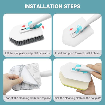 nacena Shower Scrubber with Long Handle, 4 in 1 Tile Tub Scrubber Brush with 3 Detachable Cleaning Heads and V-Shaped Grout Brush Shower Cleaner Brush for Bathroom Kitchen Toilet Tub Sink, Blue White - color: Blue White, size: 2 pads+brush