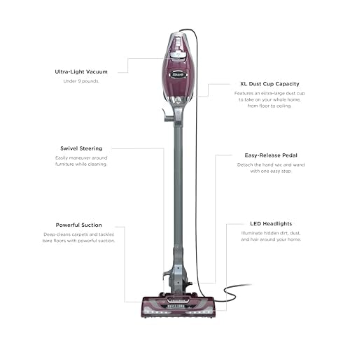 Shark Rocket Pet Plus | Corded Stick Vacuum Cleaner for Carpet, Rugs & Hard Floors | Lightweight Hand Vacuum for Pet Hair | LED Headlights | XL Dust Cup | 2 Attachments | Bordeaux/Silver | HV322 - style: Rocket Deluxe w/ headlights