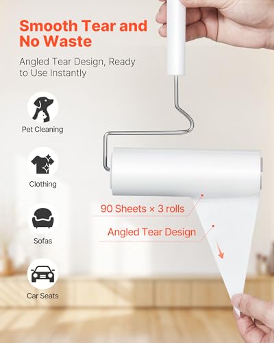 VEVOR Sticky Lint Roller, 3 Pack Large Pet Hair Rollers Remover Set, 270 Sheets Extra Sticky Lint Roller with Upgraded Handle, Portable Cat and Dog Hair Remover for Carpet, Couch, Clothing and Bedding