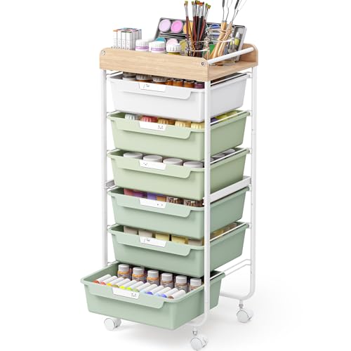 SYKIARIOL Rolling Cart with 6 Drawers,Utility Storage Cart with Drawers,Art Craft Organizers and Storage,Makeup Organizer with Wooden Tabletop,Green - color: Green, size: 6-Drawers