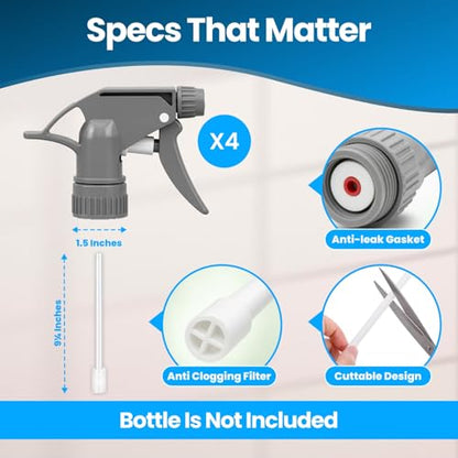 Leak-Free Acid Resistant Spray Nozzle for Bottles – Heavy-Duty Spray Bottle Nozzle with 9.5" Dip Tube – Industrial Sprayer for Acid-Based Wheel Cleaner Used in Car Detailing - Set of 4