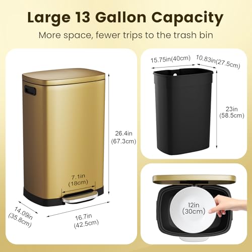 ELPHECO Kitchen Trash Can with Lid Soft Close, 13 Gallon / 50L Stainless Steel Pedal Garbage Can, Heavy-Duty Step Wastebasket with 20 Bags, Removable Bucket, Home Office, Kitchen, Titanium Gold - color: Titanium Gold