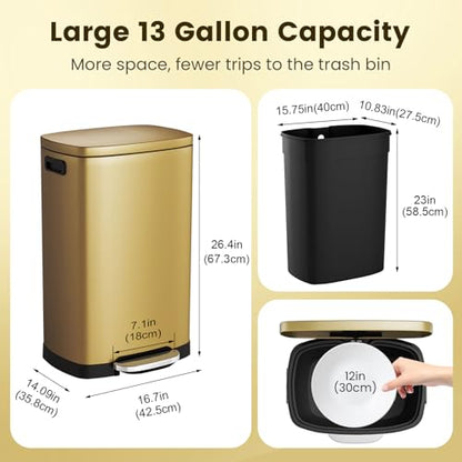 ELPHECO Kitchen Trash Can with Lid Soft Close, 13 Gallon / 50L Stainless Steel Pedal Garbage Can, Heavy-Duty Step Wastebasket with 20 Bags, Removable Bucket, Home Office, Kitchen, Titanium Gold - color: Titanium Gold