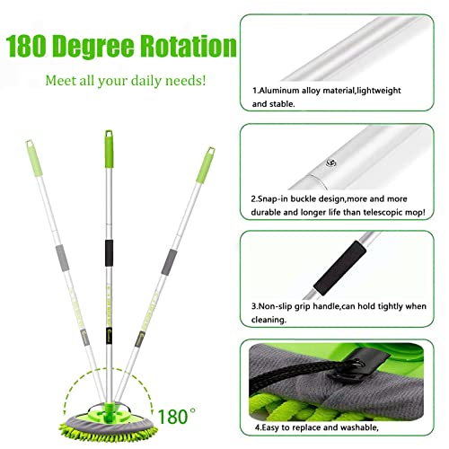 62" Car Wash Brush Mop Kit with Long Handle, 2 in 1 Chenille Microfiber Sponge Mitt Cleaning Detailing Duster for Washing Cars Truck SUV RV Caravans and Household(2 x Mop Head) - color: Green