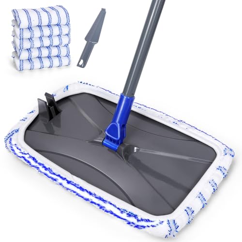 Masthome Microfiber Mop,Large Surface Flat Mop with 5 Reusable Pads,Hardwood Floor Mops for Dry and Wet Use,Microfiber Mops for Floor Cleaning-1 Cleaning Scraper Included - color: Blue White
