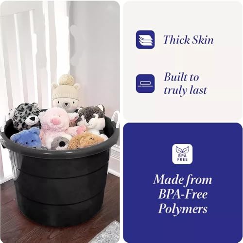 20 Gallon Storage Tub, Round Heavy Duty Plastic Container with Rope Handles, 21.5 x 21.5 x 16.5 inches (Black) - color: Black