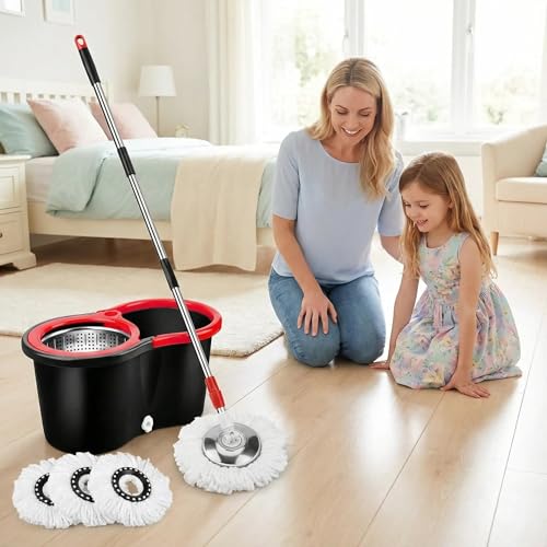 360° Spin Mop & Bucket System – 20QT Floor Cleaning Set with 3 Microfiber Mop Heads & 61" Adjustable Stainless Steel Handle for Effortless, Streak-Free Cleaning-Blue - color: Blue