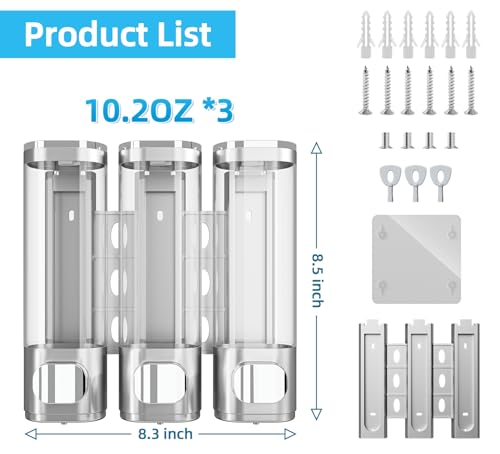 VITVITI Shampoo and Conditioner Dispenser for Shower Wall, Shower Soap Dispenser 3 Chamber No Drill Wall Mounted, 10.2 OZ Plastic Refillable Shower/Body Wash Bottles for Bathroom (Matte Silver) - color: Matte Silver