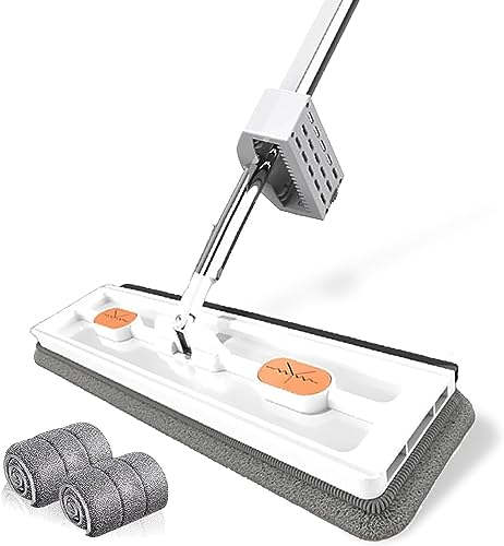Large Flat Mop - 360° Rotating Mop with Dewatering Scraper, Djustable Stainless Steel Long Handle with 2 Microfiber Pads 12027(54" White,+2 Pads) - color: 54" White, size: +2 Pads