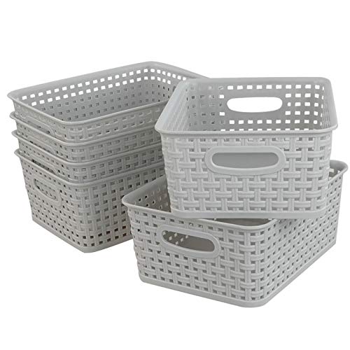 6-Pack Woven Plastic Storage Baskets, 10.03" x 7.55" x 4.09", Lightly Gray