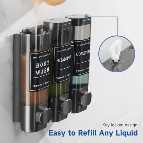 Shampoo and Conditioner Dispenser,Unisence Shower Dispenser 2 Chamber No Drill Wall-Mounted Shampoo Dispenser for Shower Wall Mounted Body Wash Dispenser for Bathroom Hotel Large Capacity,Dark Gray - color: Dark Gray 3 Chamber
