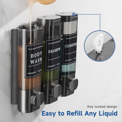 Shampoo and Conditioner Dispenser,Unisence Shower Dispenser 2 Chamber No Drill Wall-Mounted Shampoo Dispenser for Shower Wall Mounted Body Wash Dispenser for Bathroom Hotel Large Capacity,Dark Gray - color: Dark Gray 3 Chamber