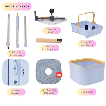 Mop and Bucket System PRO with Removable Water Tank Duo Bucket & Spin Mop System, Self Wringing, Separates Clean from Dirty Water, Folding Head, Dual Brush System, 6-pc Machine Washable Pads - size: Mop & Bucket, 6 Mop Pads