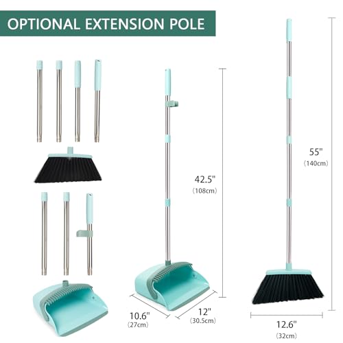 Broom and Dustpan Set, Dustpans with Broom Combo for Home, Heavy Dust Broom and Dustpan Combo, Long Handle Dust Pan and Broom Set for Kitchen, Office, Pet Hair,Green, Pack of 1 - color: Green