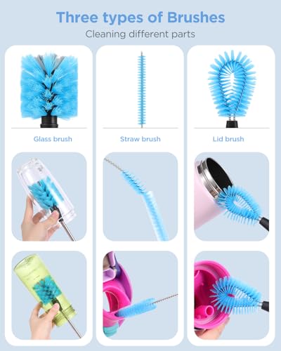 EasyAcc Water Bottle Cleaner Brush, 3 Pack 15 Inches Straw Brush Cleaner for Owala Stanley Hydroflask, Long Handle, with Straw Cleaner & Nipple Brush, for Coffee Mugs, Ice Tea Jars - color: Dark Blue