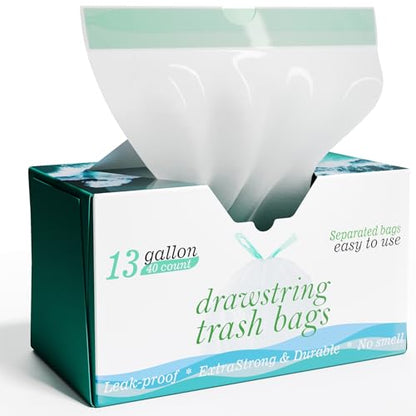 13 Gallon Tall Kitchen Drawstring Trash Bags - 1.2 Mil Extra Strong - Large Drawstring Garbage Bags - Large Plastic Bags - Individual, Unscented, White, 25" x 30", 40 Count - size: 40 Count (Pack of 1)