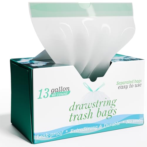 13 Gallon Tall Kitchen Drawstring Trash Bags - 1.2 Mil Extra Strong - Large Drawstring Garbage Bags - Large Plastic Bags - Individual, Unscented, White, 25" x 30", 40 Count - size: 40 Count (Pack of 1)
