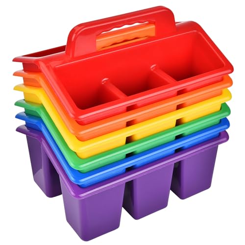 Haundry Classroom Caddy Storage Basket with Handle, 6 Pack Plastic Arts Office Crafts Caddy 4 Compartments for Kids, Pencil, Crayon, Marker, School Supplies, 6 Colors - color: Rainbow colors
