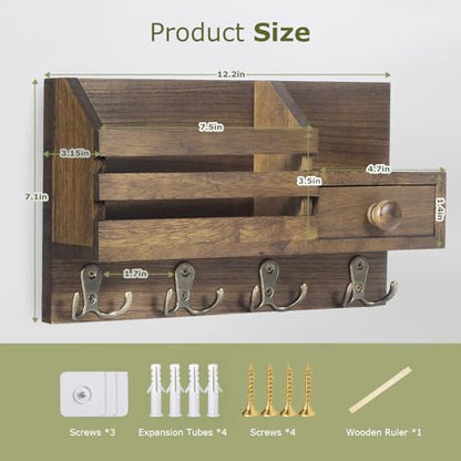 Key Holder Wall Mount, Wooden Adhesive Mail and Key Organizer with Drawer, Small Shelf, 8 Hooks, 2 Installation Methods, Brown - color: Brown