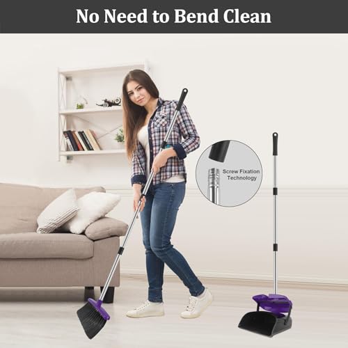 Broom and Dustpan Set, 51" Long Handle Broom with Dustpan Combo Set, Windproof and Self-Cleaning Teeth, Purple Household Dust Pan Set Sweep Kitchen Office Lobby Pet Room - color: Purple