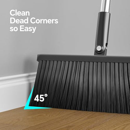Spreezy Broom with Dustpan Combo Set, 52" Long Handle Standing Dustpan Set, Upright Dustpan with Cleaning Teeth, Indoor Outdoor Home, Office, Black-Gray